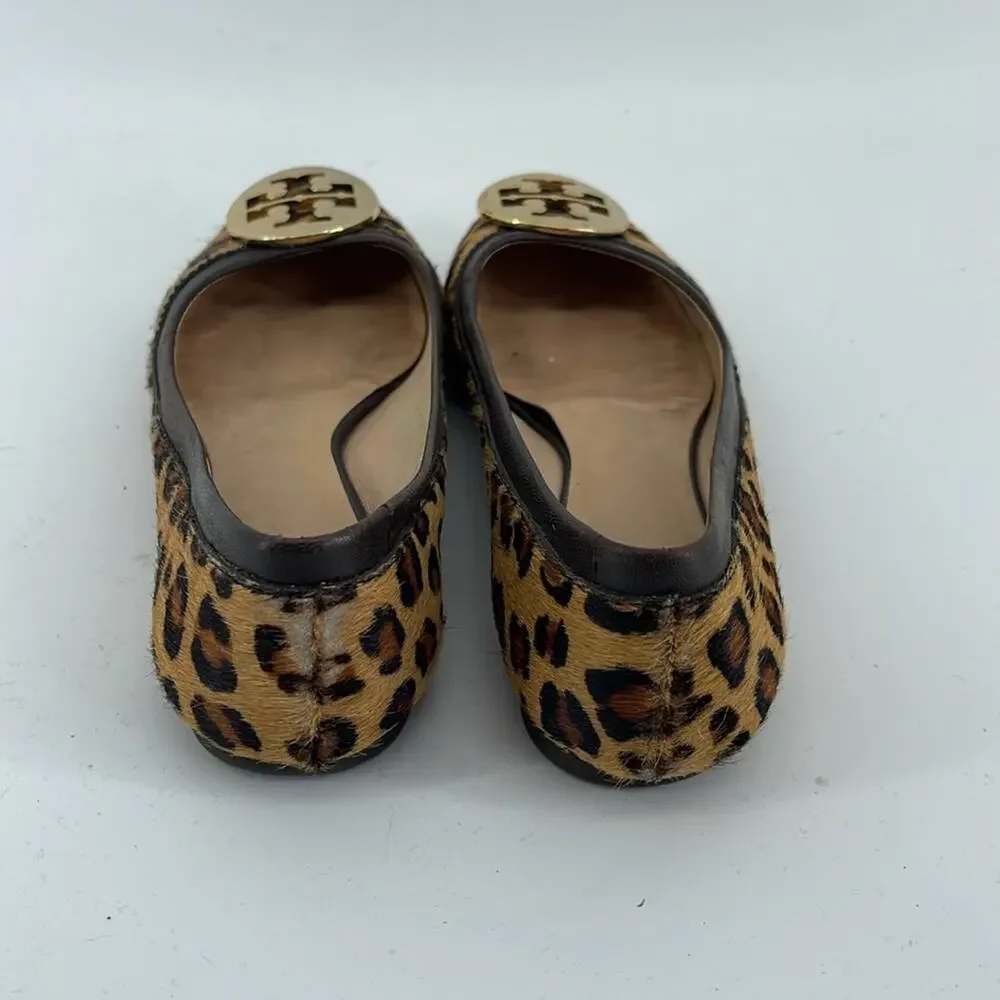 Tory Burch Reva calf skin leather leopard print slip on ballet flat shoes sz 6.5